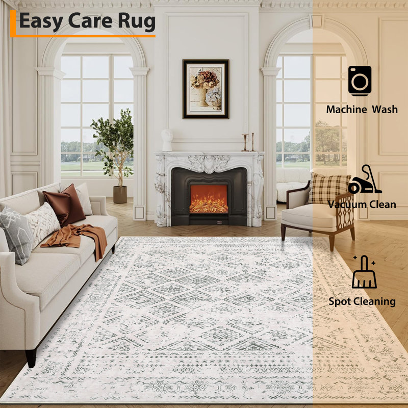 Machine  Washable Vintage Rug Non Slip Non Shedding Low Pile Rug Soft Floral Distressed Throw Floor Cover Foldable Indoor Carpet for Living Room Dining Room Bedroom Playroom Nursery