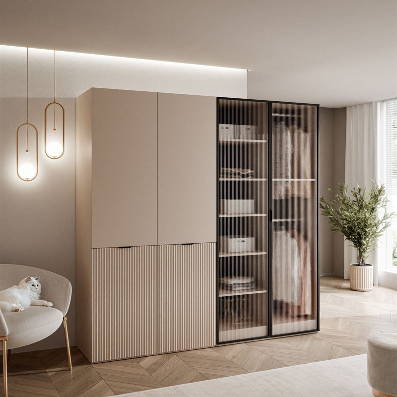 Manufactured Wood Wardrobe, Sandy Beige/Fluted Glass