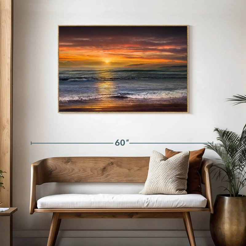 Le coucher du soleil sur la plage de Descanso, Cadre flottant en bois naturel, 43 po x 29 po