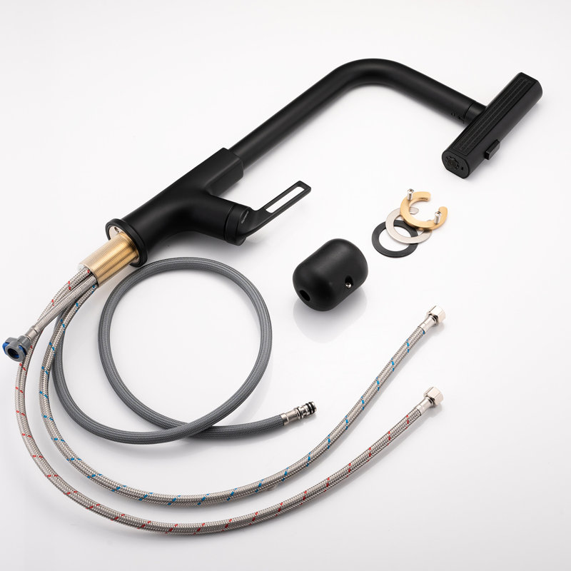 Robinet d'évier de cuisine avec bec rétractable, surface noire mate, 360 tours, poignée simple, eau chaude et froide, trois options de jet noir rétractable en cascade, plusieurs réglages