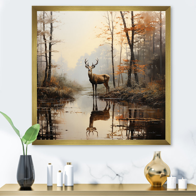 «Animal Deer Misty Morning II», impressions sur toile, H 30 po x l 30 po x P 1 po, Cadre doré simple