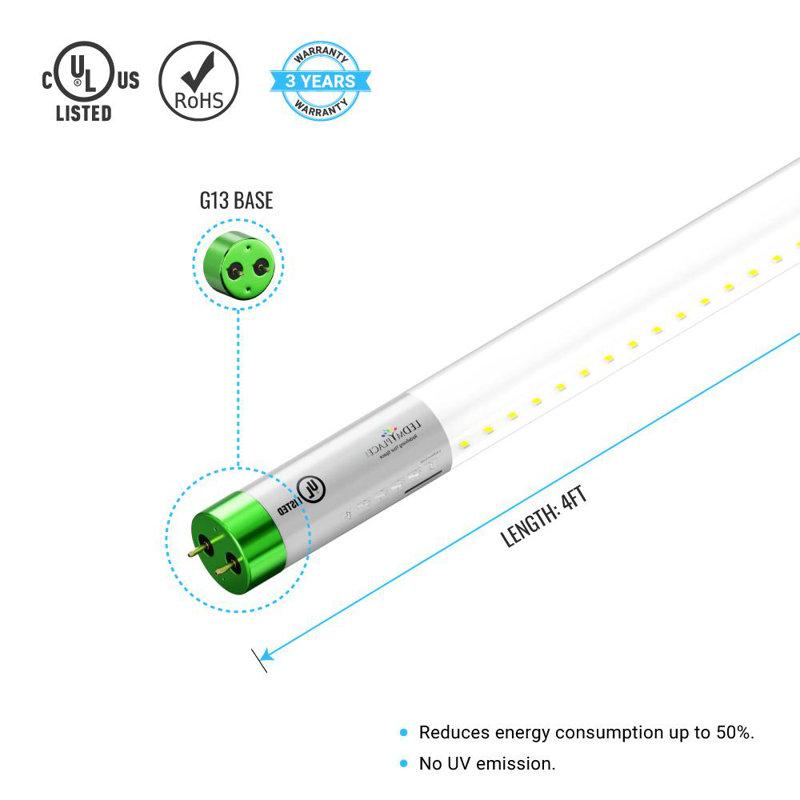 18 watts (équivalent à 50 watts), ampoule à DEL T8 non-à intensité variable, culot G13/à deux broches, 5000 K