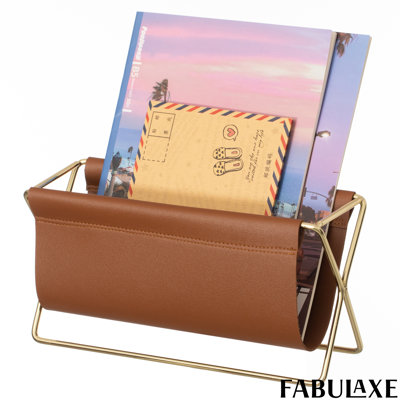 Fabulaxe Contemporary & Classic Gold-tone Metal Magazine Holder Spacious Brown Faux Leather Compartments For Organizing Magazines Newspapers & Files I