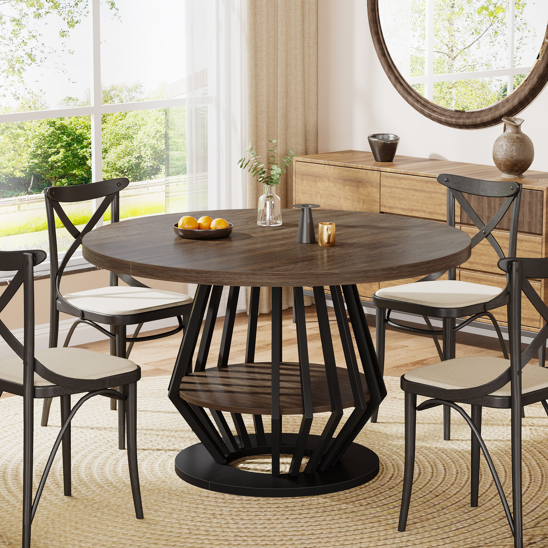 17 Stories 47-Inch Round Dining Table With Storage Shelf For Dining ...