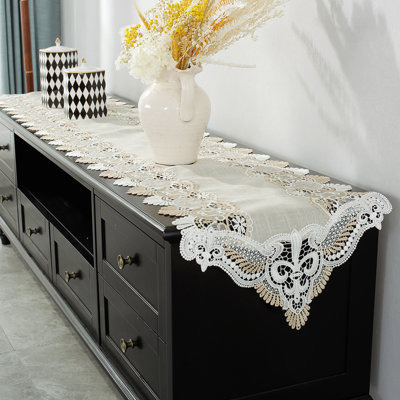 Linen Blend With Embroidery Lace Table Runner