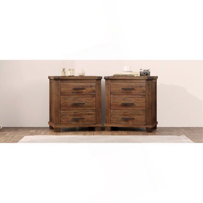 Rustic Three Drawer Reclaimed Solid Wood Farmhouse Nightstand Set of Two
