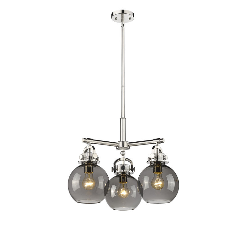 Luminaire suspendu sur tige 3 lumières Lantz, Plaqué couleur fumée, Nickel poli