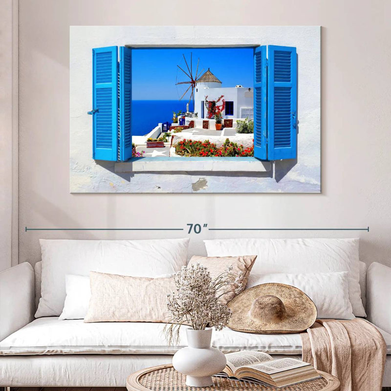 Ravi Oia Windmill Window View, 34" H x 51" W