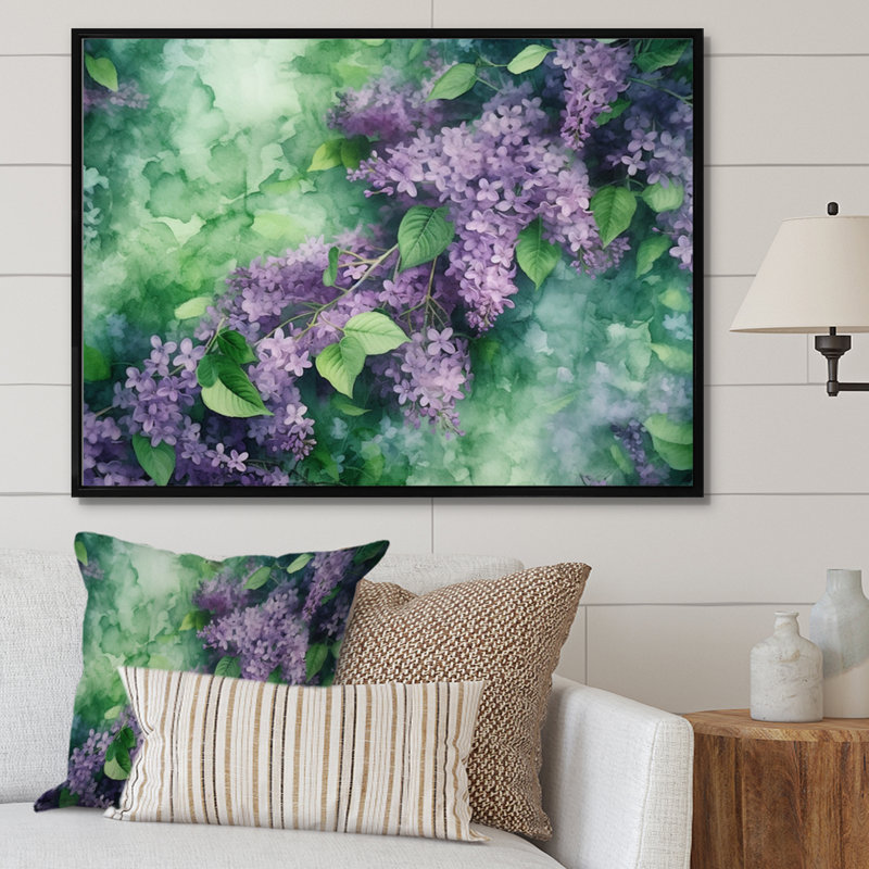 Green Lilac Blooms II, reproduction d'art sur toile, H 16 po x l 32 po x P 1 po, Cadre flottant noir
