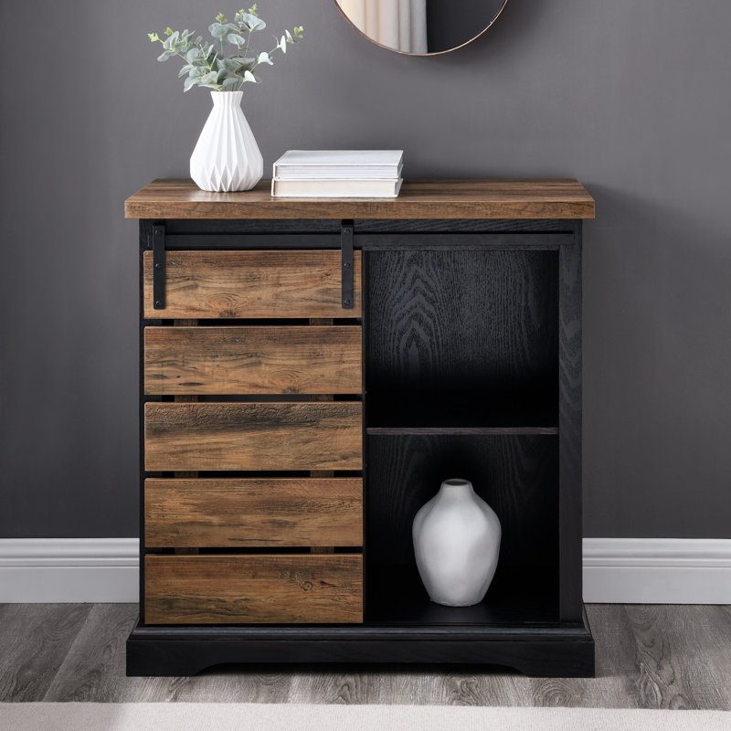 Stotfold 32" Wide Server with Sliding Slat Door, Black/Reclaimed Barnwood