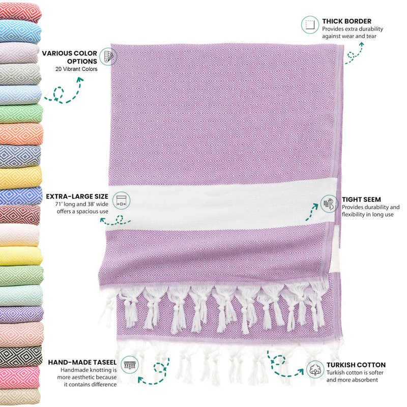 Personalized Lavender Diamond Pattern Turkish Cotton Beach Towel with Custom Embroidery or Print, Lavender