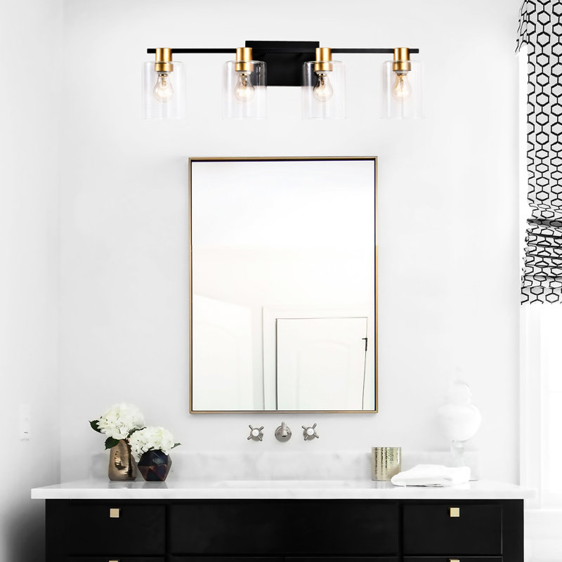 Moderne 4 lumières de meuble-lavabo avec abat-jour en verre, style rétro pour miroir, cuisine, salle à manger, chambre à coucher, couloir - or et noir mat exquis