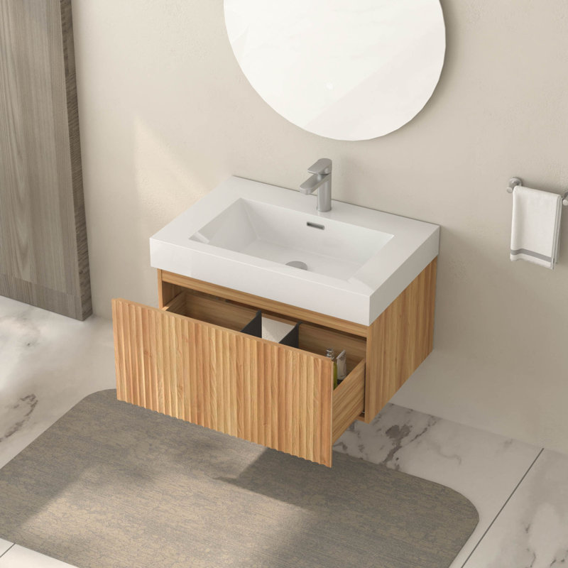 Meuble-lavabo mural de 30 po avec lavabo, armoire de salle de bain flottante murale avec finition en contreplaqué intégré de conception minimaliste moderne pour salle de bain compacte couleur acacia