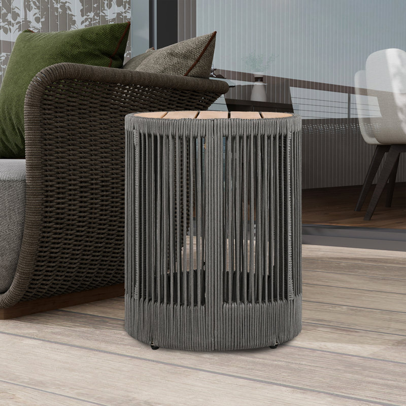 Table d'appoint d'extérieur en corde de rotin et bois d'acacia - Mobilier de balcon de patio pour jardin, cour, balcon, Gris