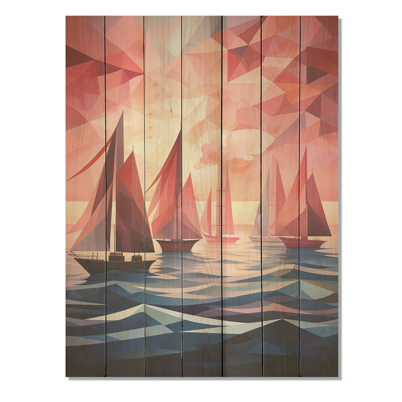 Nautique, bateau, crépuscule, voiles II - coucher de soleil côtier sur bois, H 40 po x l 30 po