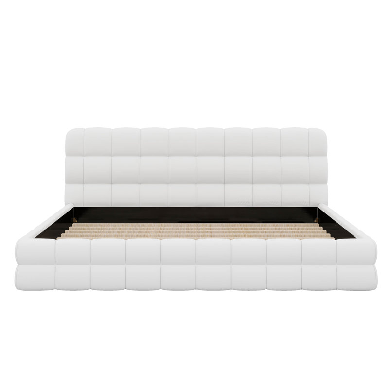King Size Upholstered Platform Bed With Thick Headboard, White