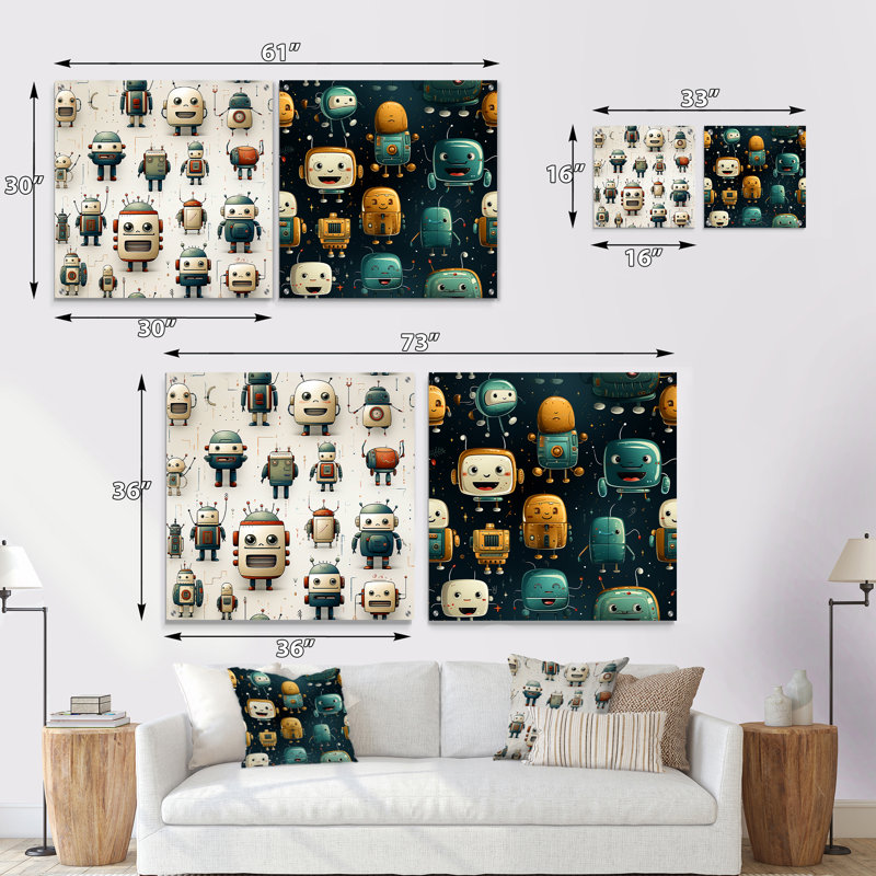 Motif de robot pour enfants Betroom - Ensemble de 2 peintures murales en acrylique pour enfants, H 36 po x l 73 po