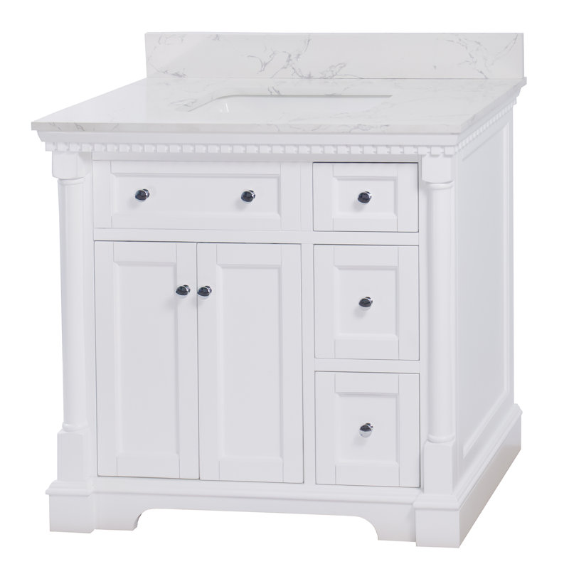 Fossen 36'' Single Bathroom Vanity with Top, White, Engineered Marble