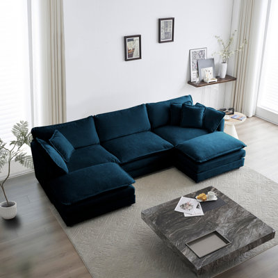 5 Reversible Footrest Sectional, U-Shaped With 2 Ottomans, Blue Chenille, Solid Wood Base For Living Room Sectional Chenille Upholstery, Stable Construction Home