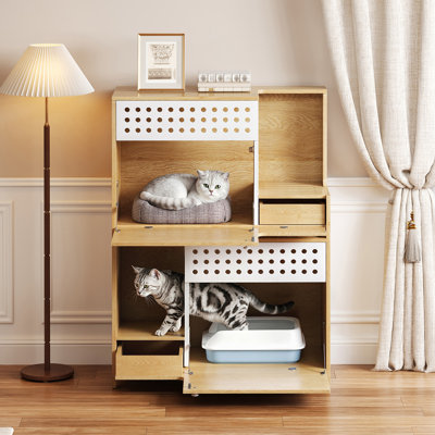 Enceinte pour litière 2 en 1 avec rangement et table d'appoint, finition naturelle