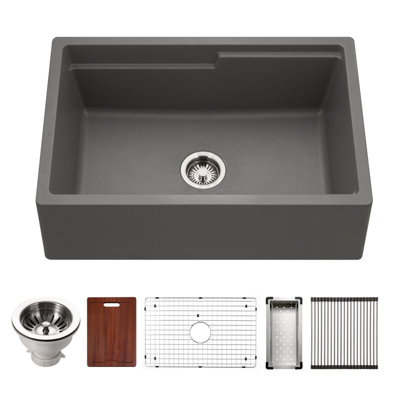 Houzer 30 in Apron Front Granite Workstation Kitchen Sink w/ Accessories, Slate
