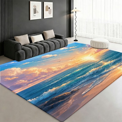 Tapis Serene Ocean Sunset Beach Wave, motif de bord de mer artistique, tapis doux et durable, tapis antidérapant lavable à la machine, décoration intérieure élégante pour le salon, la chambre à coucher, l'entrée, la porte d'entrée, la cuisine, le balcon, appartement