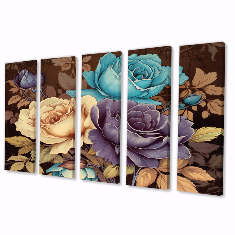 «Retro Roses Blooming - Rose», reproduction d'art murale - 5 panneaux égaux