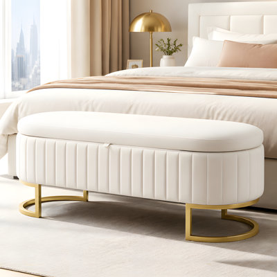 Banc de bout de lit ovale rembourré en velours avec pieds en métal doré, banc de repose-pieds de rangement capitonné moderne de 46 pi pour la chambre à coucher, le salon, le vestibule, la fenêtre, beige