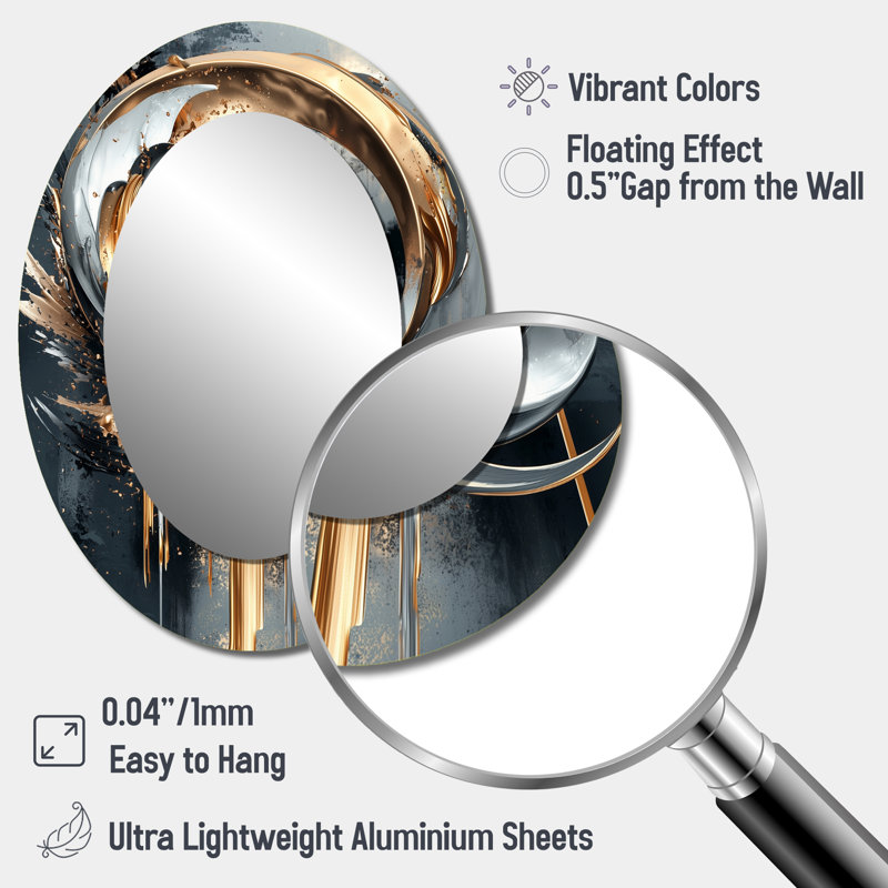 Black And Gold Moon Lines I - Abstract Oval Decorative Mirror On Metal, 40" x 30"