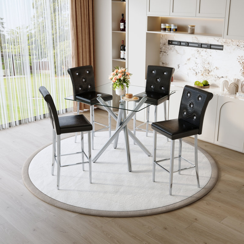 Ensemble de 2 tables de bar et tabourets de bar à hauteur fixe en verre Modern, Noir, Argent