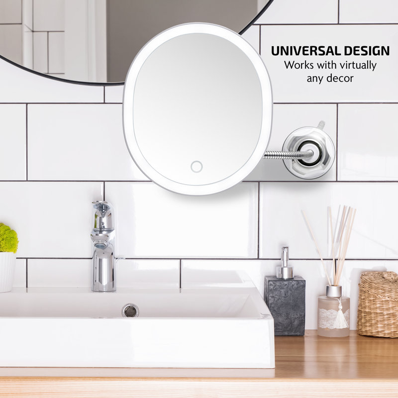 OVENTE 9'' Rechargeable Lighted Wall Mount Makeup Mirror for Bathroom with Mini Magnetic 10X Magnifying Mirror, Touch Screen Dimmable LED Lights, Flexible Gooseneck and Suction Mounting, White MOW22W