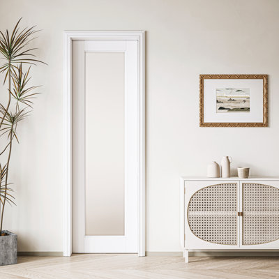 Frosted Glass 1-Lite Sliding Pocket Door White Standard Door with Hardware Kit Set