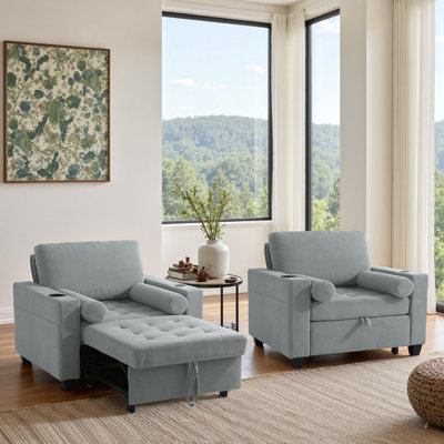 Canapé-lit convertible gris en velours côtelé capitonné 3-en-1 avec canapé-lit multifonctionnel avec 2 coussins moelleux, prise USB et porte-gobelet