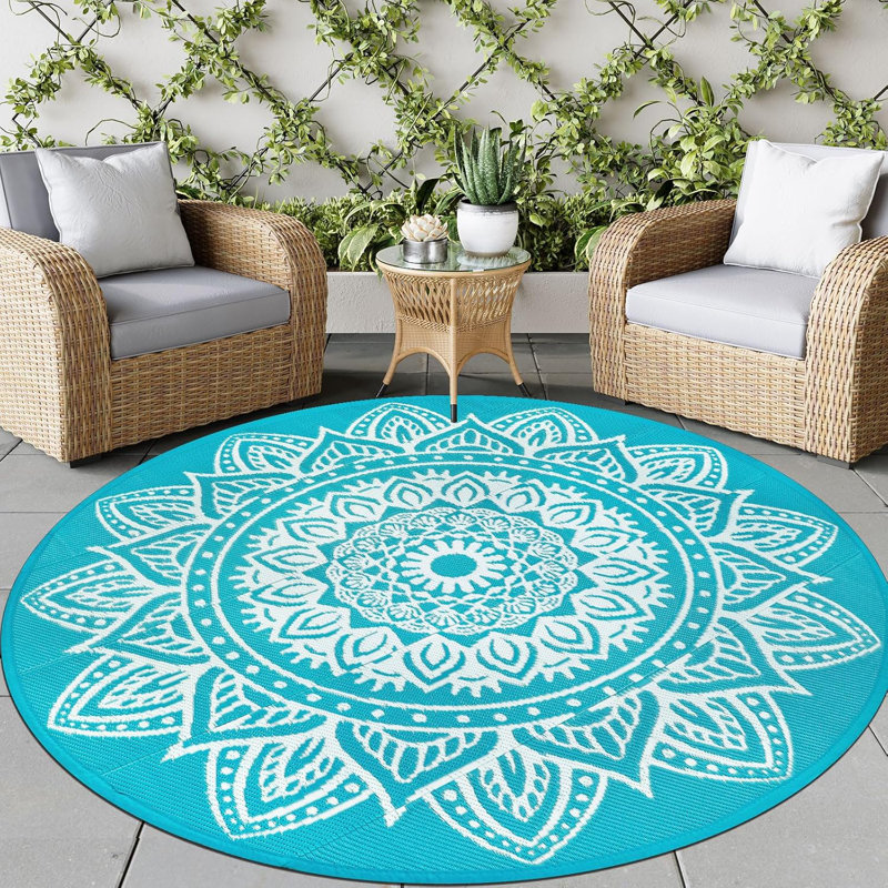 Round Outdoor Patio Rugs 5Ft Reversible Plastic Straw Rug with Carry Bag Lightweight Waterproof Camping Mat for Outdoor Porch Deck Backyard