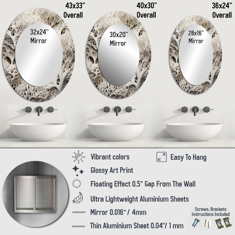 Under Water Black And White Corals Collage - White Coastal Oval Wall Mirror, 40" x 30"