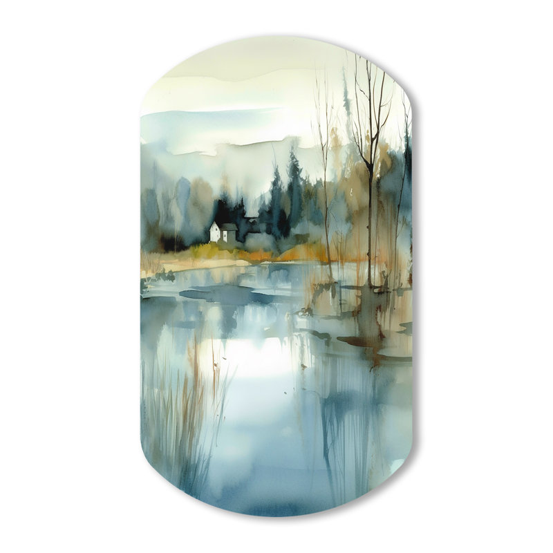 Été, paysage de lac, Illustration V - forme cylindrique en métal, art mural asymétrique, H 31 po x l 19 po