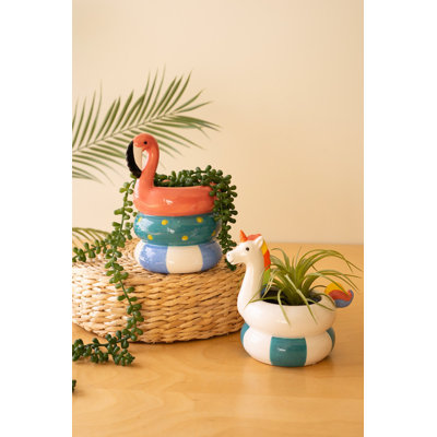  Ensemble de 2 vases en céramique flamant rose et licorne H 7,5 po - décor côtier multicolore émaillé