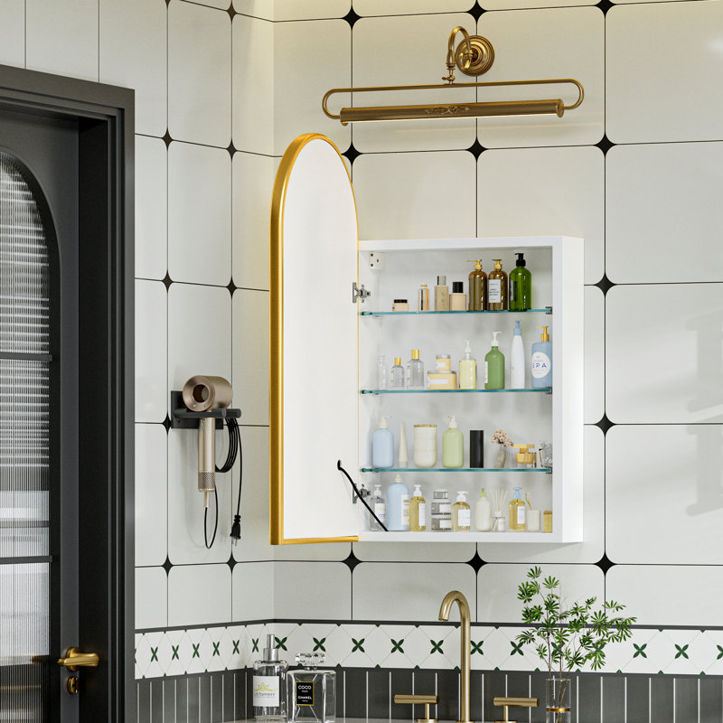 Arched Medicine Cabinet With Lights,16x31 In Brushed Gold Medicine Cabinet With Mirror,3-color Lighted Storage Mirrored Cabinet Wall Mounted For Bathroom