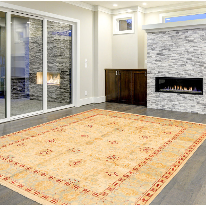 Tapis unique en laine noué à la main style nouvel âge Ushak 9 pi x 11 pi 10 po ivoire Yaak