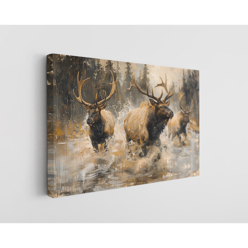 Oil Painting of Elks Canvas Print, Modern Wall Art Decor for Home & Office, 30" H x 45" W