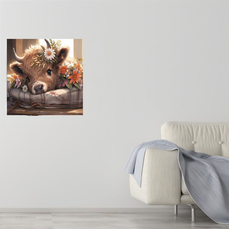 Vache, bébé et plante, art mural sur toile sans cadre 16 po x 16 po