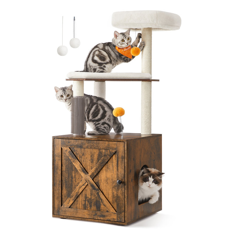 Habitation pour chat 52,8 pouces avec auto-toiletteuse, Brun rustique