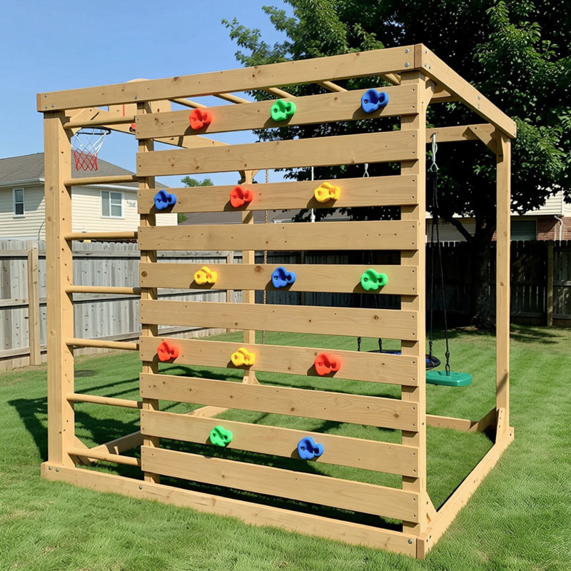 Ensemble de terrain de jeu 8-en-1 en bois de cèdre - aventure dans la cour avec mur d'escalade, balançoires et bac à sable