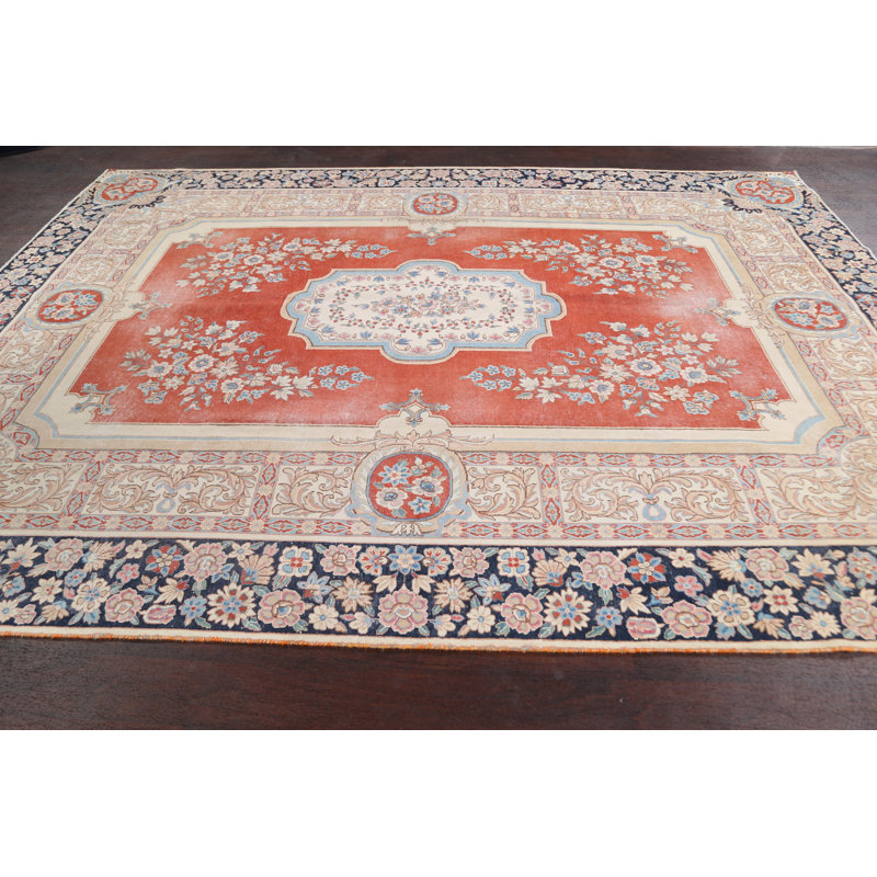 Tapis décoratif en laine de conception unique noué à la main des années 1960 en laine de conception unique 7 pi 10 po x 10 pi 7 po Deiren/bleu marine/beige