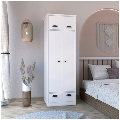 Commode avec rangement supérieur couvert avec 1 porte, 2 tablettes centrales, 1 tube pour suspendre les vêtements couverts par 2 portes, 1 tiroir en bas