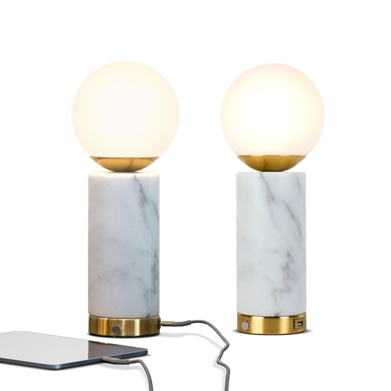 Aspen 14.5" LED Bedside White Marble and Gold Table Lamp with USB Port - Bundle Set of 2