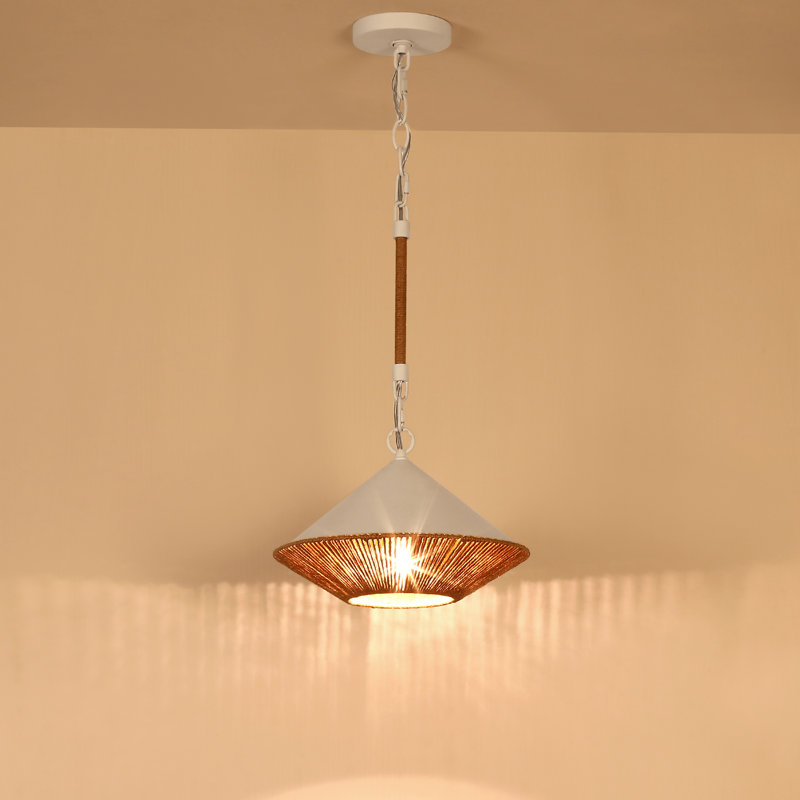 12" W Hand-Woven Hemp Rope White Pendant Light Fixture, Rustic Farmhouse Hanging Light for Kitchen Island, Dining Room, Living Room, Indoor