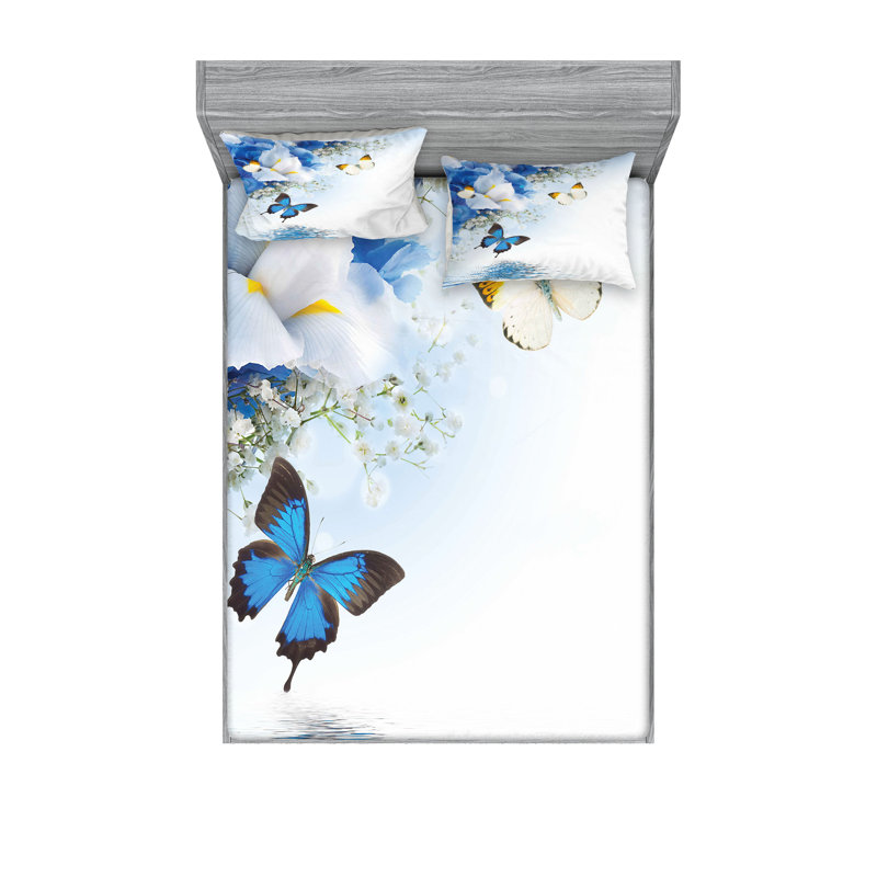 Ensemble de taie décorative à motif floral Ambesonne, bleu et blanc, Ensemble de draps pour très grand lit californien