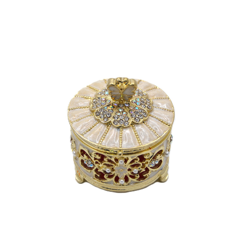 Round Decorative Box with Austrian Crystals & Enamel Beige