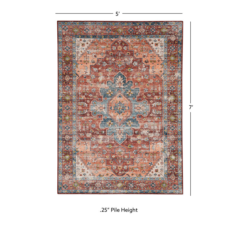 Jakobson Machine Washable Rust and Ivory Area Rug, Rectangle 5' x 7'